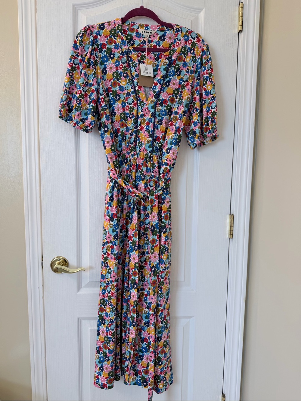 Boden Sofia Trim Jersey Midi Dress US 14 Floral Puff Sleeve NWT